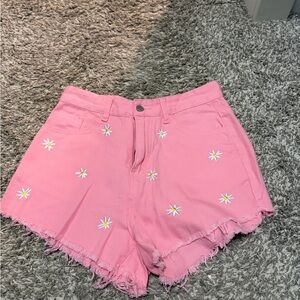 SHEIN Pink Floral Embroidered Jean Shorts